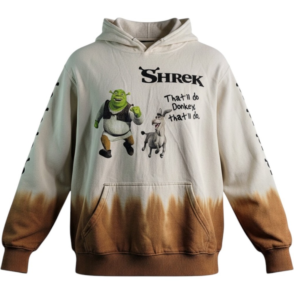 Shrek Donkey Movie Graphic Hoodie Mens XL Cream Brown Dip Dye Ombre Pullover